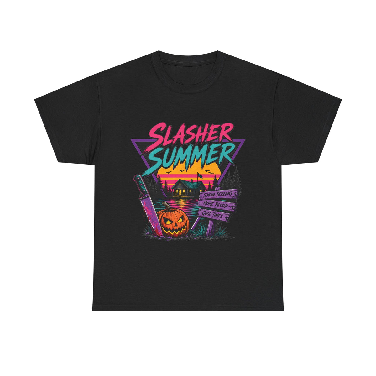 Slasher Summer Camp T-Shirt | Retro 80s Horror Tee, Pumpkin Knife Design, Halloween Gift