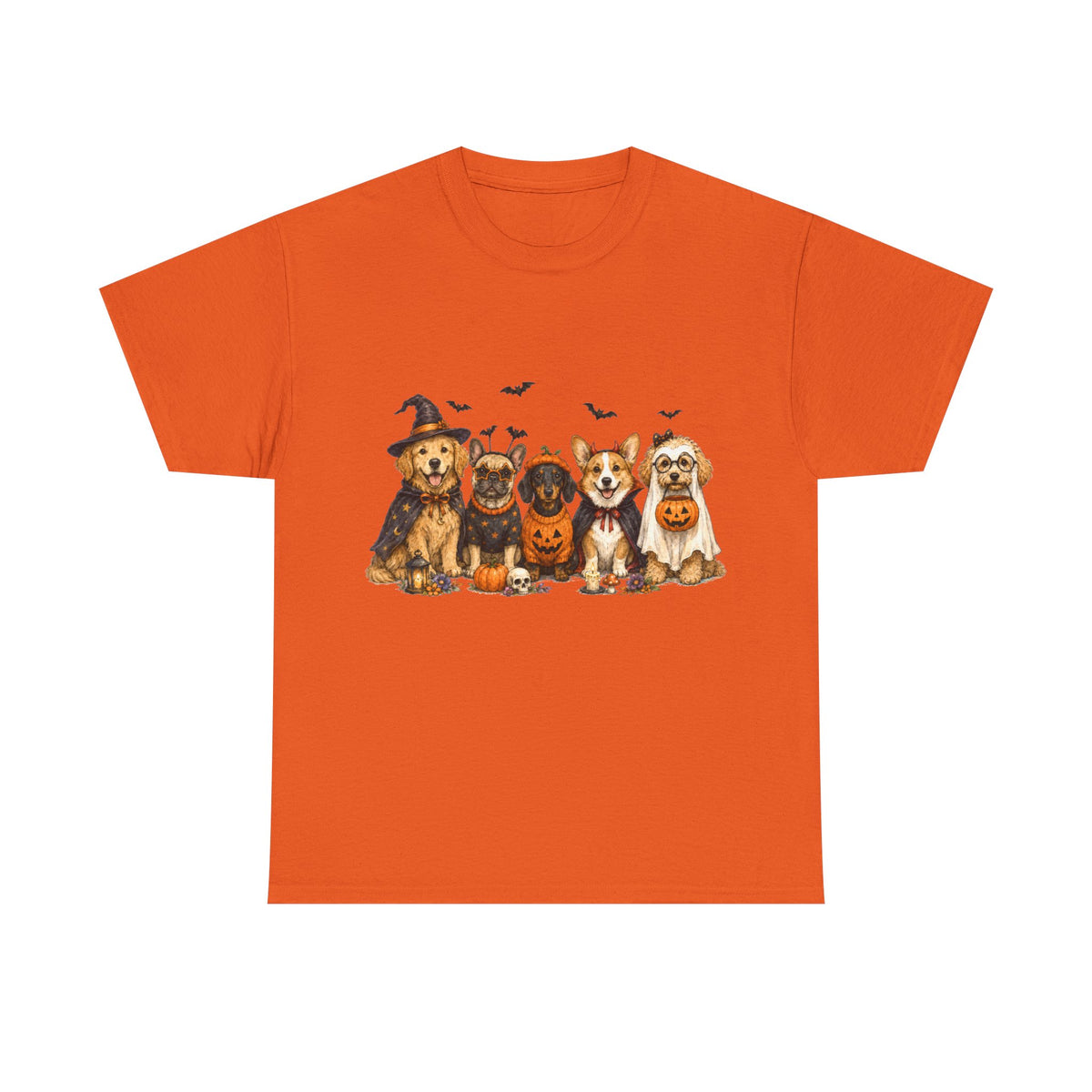 Cute Dogs in Halloween Costumes T-Shirt | Pumpkin, Witch, Bats