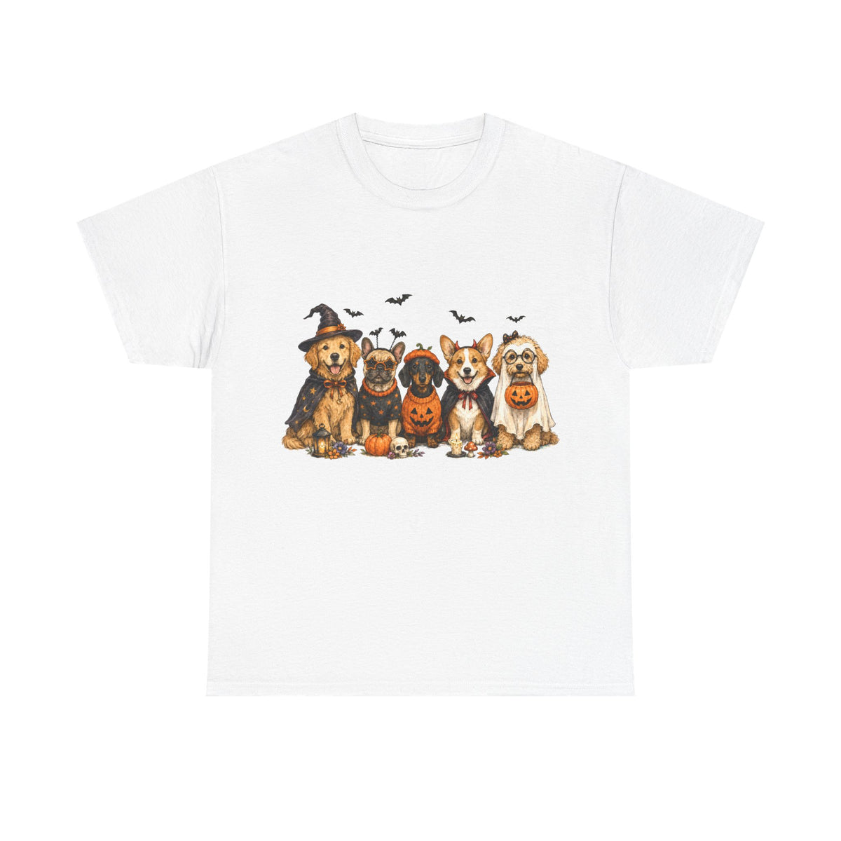 Cute Dogs in Halloween Costumes T-Shirt | Pumpkin, Witch, Bats