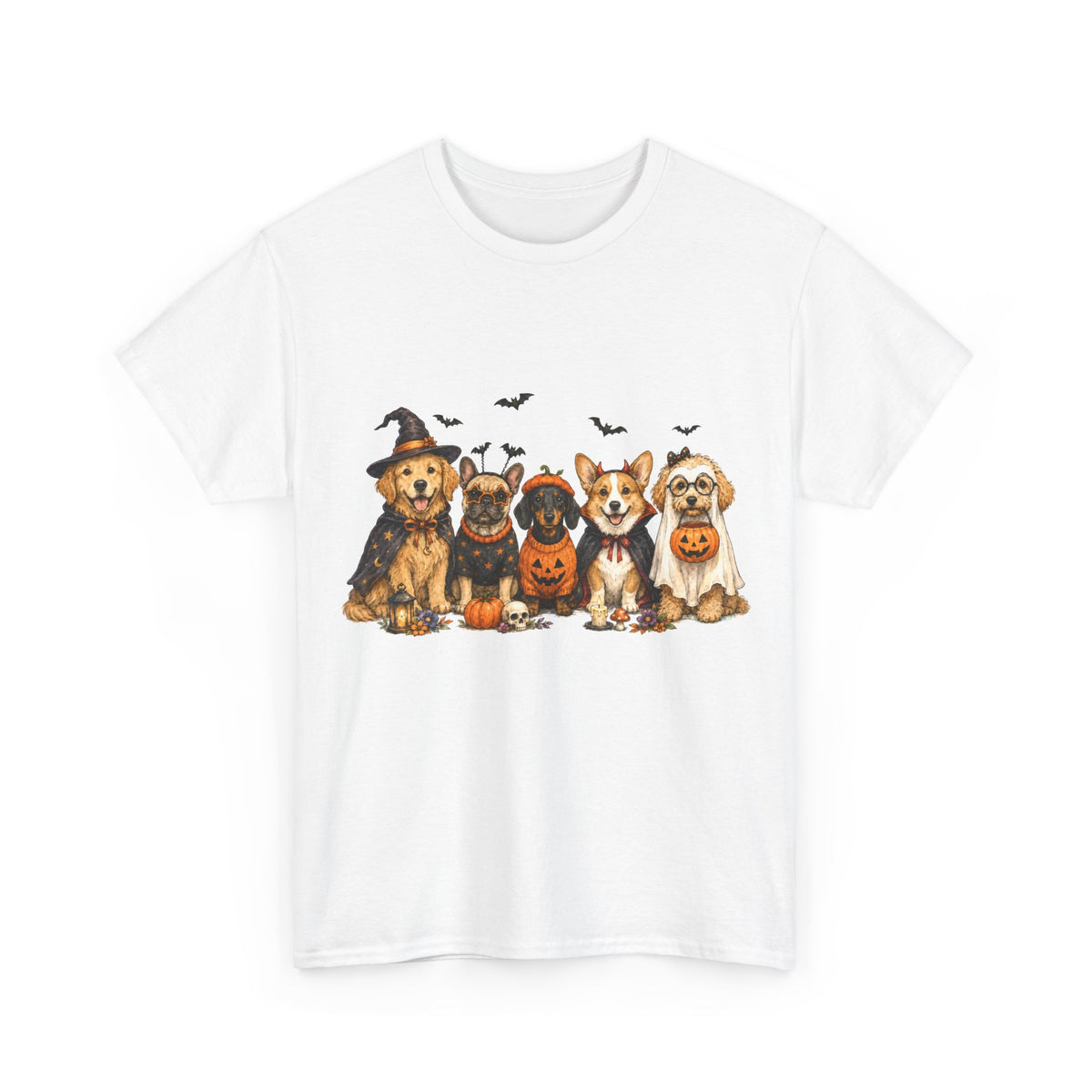 Cute Dogs in Halloween Costumes T-Shirt | Pumpkin, Witch, Bats