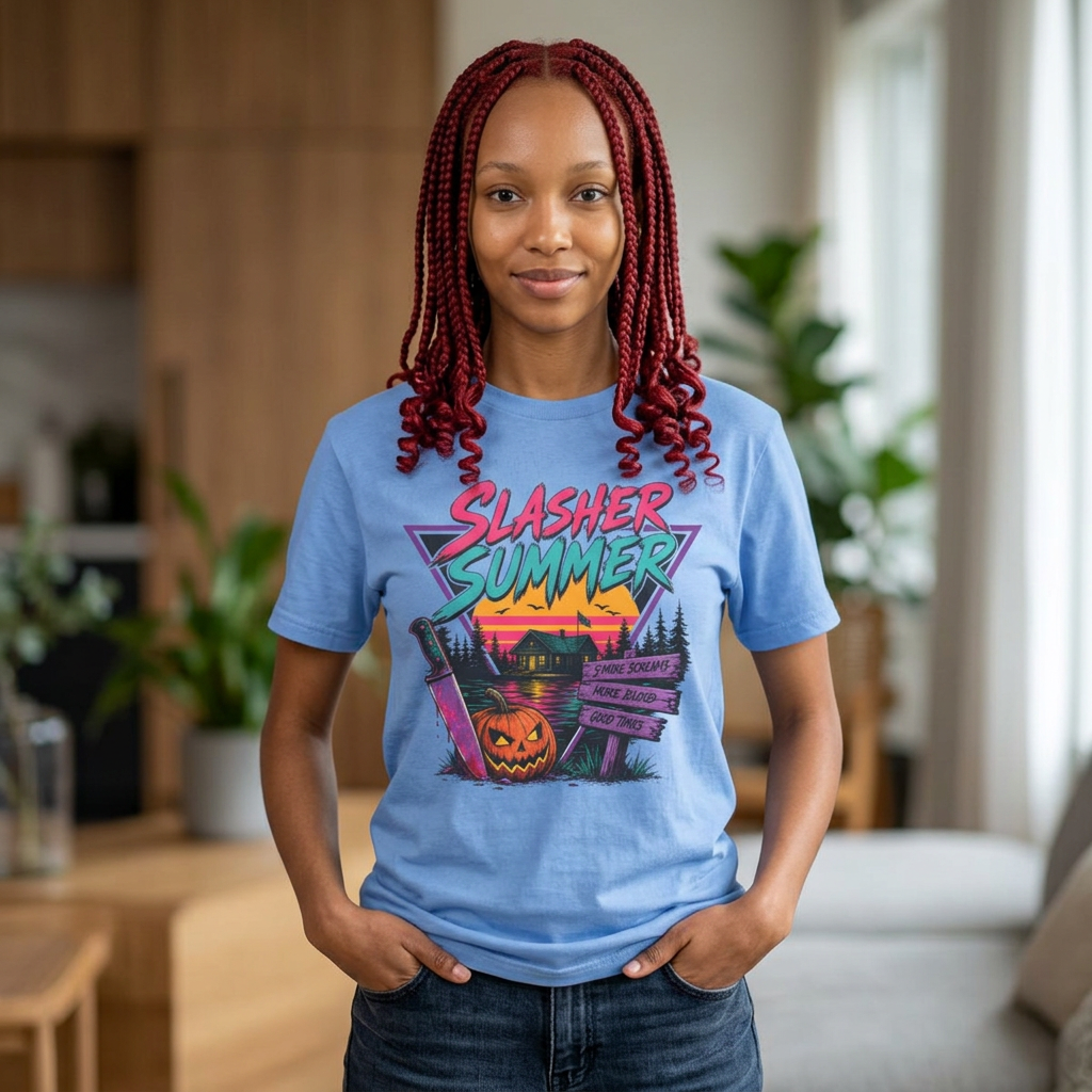Slasher Summer Camp T-Shirt | Retro 80s Horror Tee, Pumpkin Knife Design, Halloween Gift