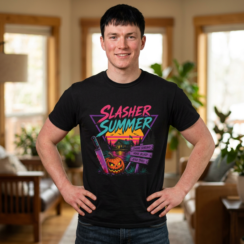 Slasher Summer Camp T-Shirt | Retro 80s Horror Tee, Pumpkin Knife Design, Halloween Gift