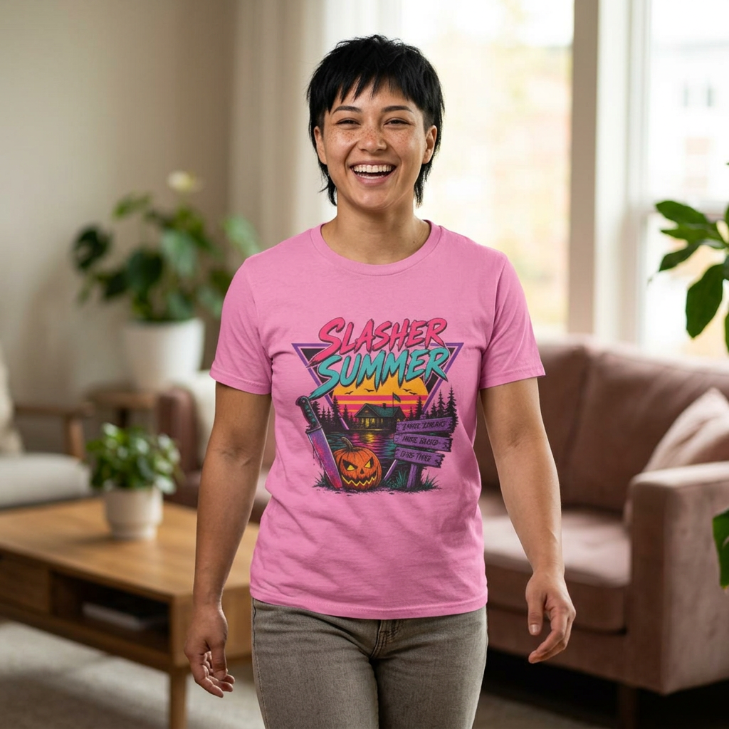Slasher Summer Camp T-Shirt | Retro 80s Horror Tee, Pumpkin Knife Design, Halloween Gift