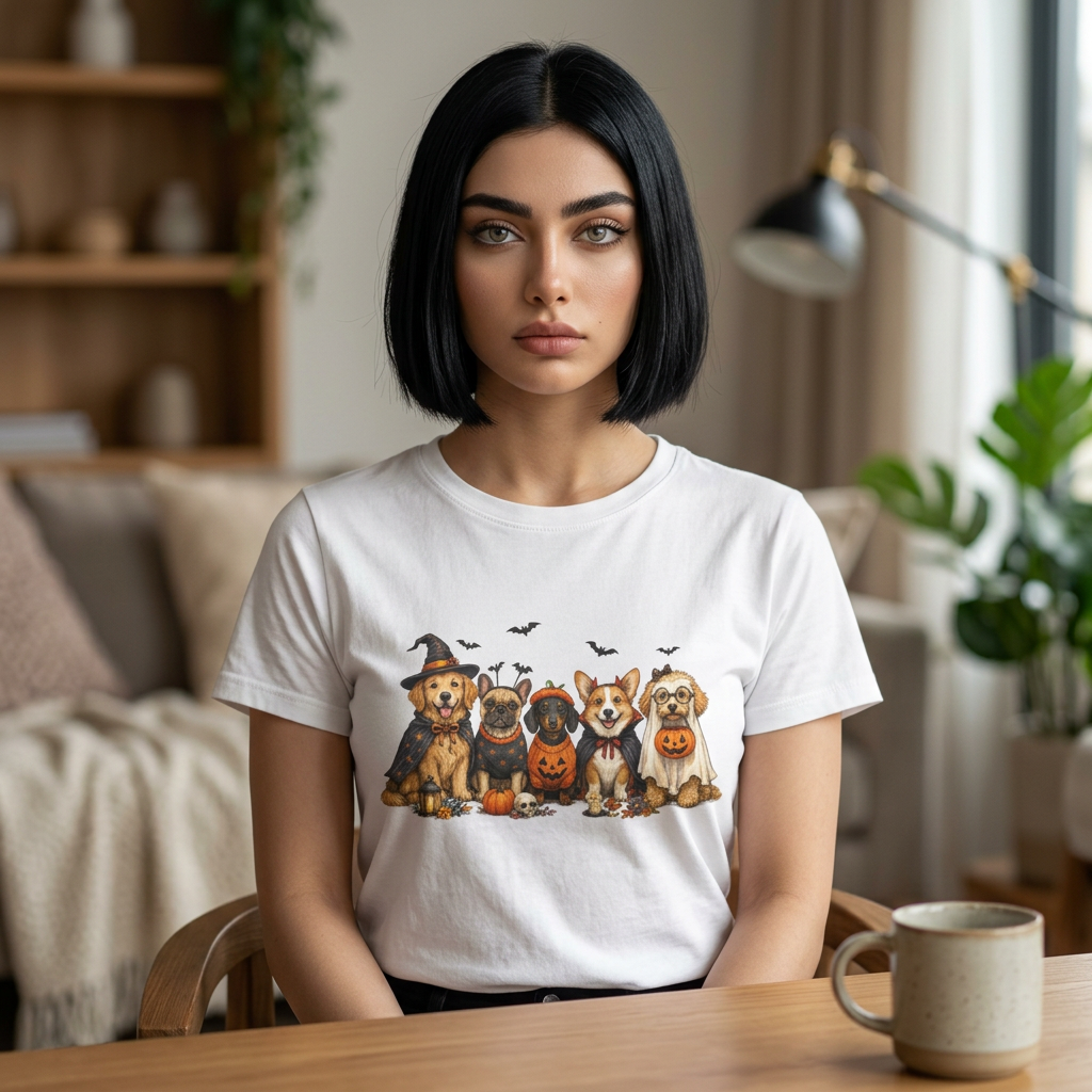 Cute Dogs in Halloween Costumes T-Shirt | Pumpkin, Witch, Bats