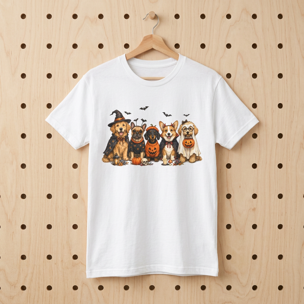 Cute Dogs in Halloween Costumes T-Shirt | Pumpkin, Witch, Bats