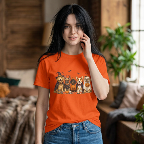 Cute Dogs in Halloween Costumes T-Shirt | Pumpkin, Witch, Bats