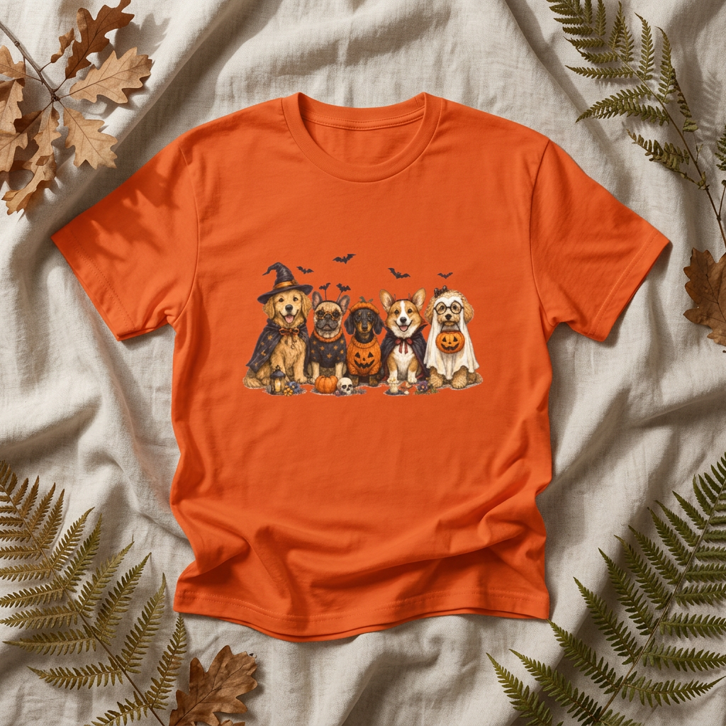 Cute Dogs in Halloween Costumes T-Shirt | Pumpkin, Witch, Bats