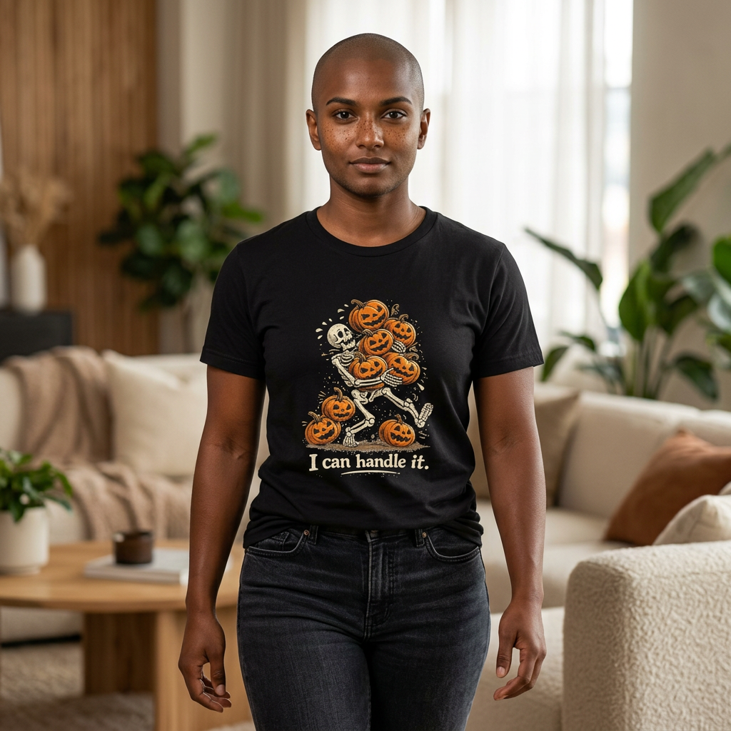 I Can Handle It skeleton with pumpkins T-Shirt | Halloween pumpkin stack tee