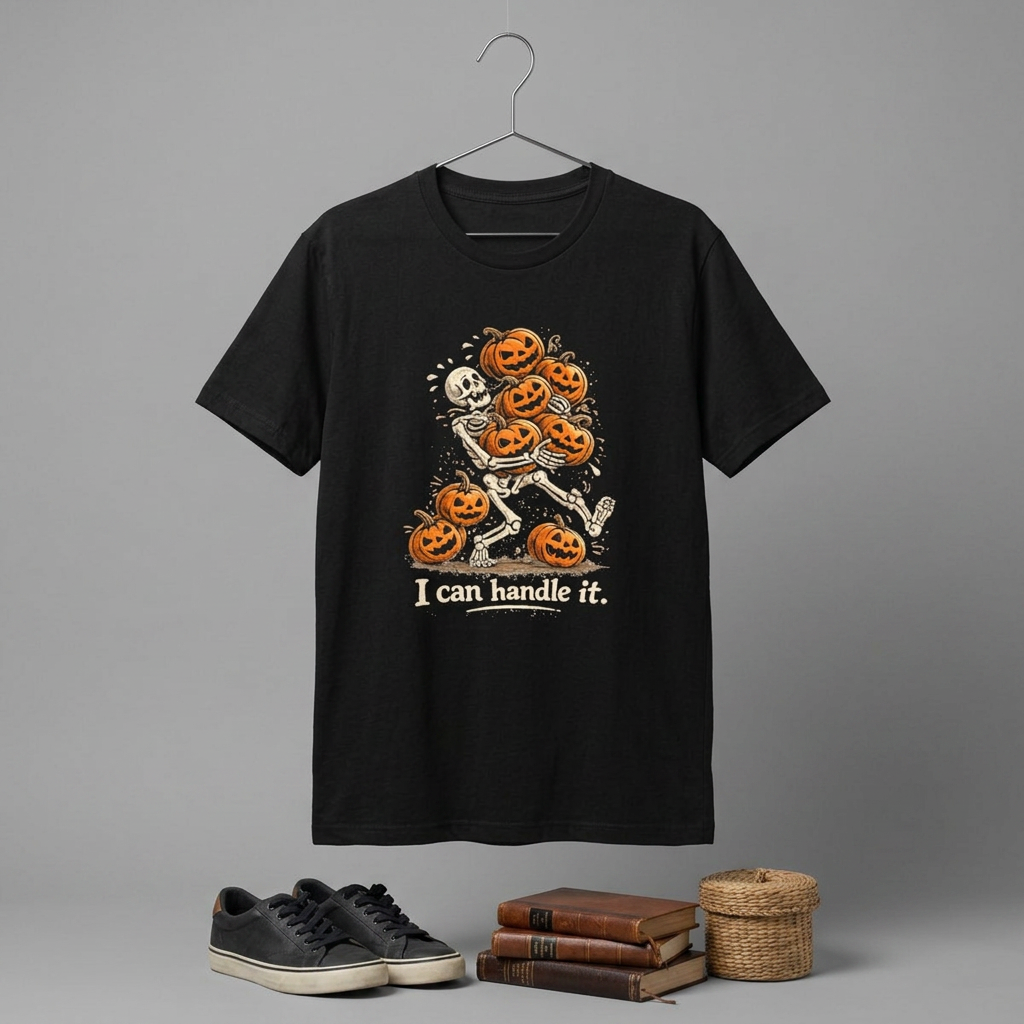 I Can Handle It skeleton with pumpkins T-Shirt | Halloween pumpkin stack tee