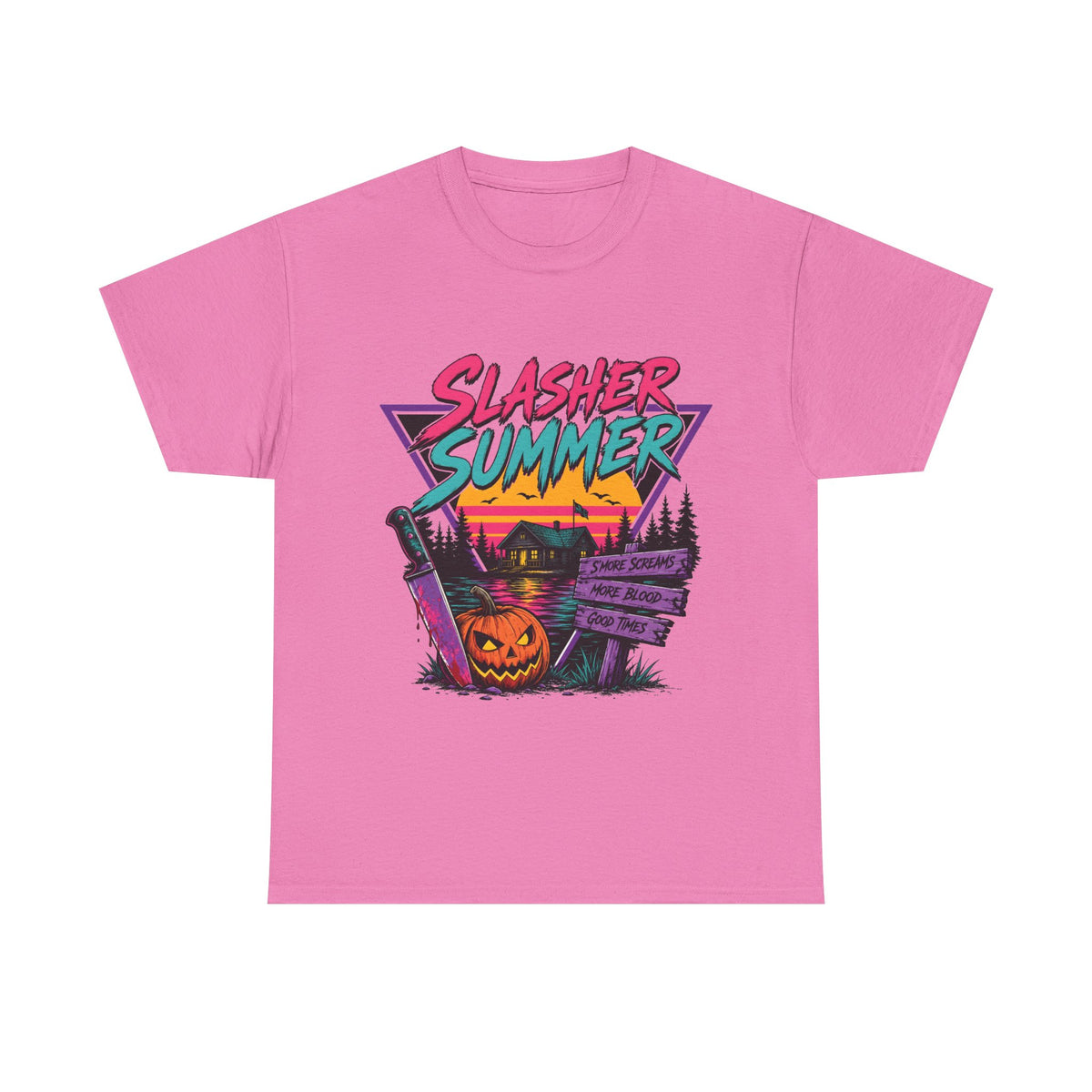 Slasher Summer Camp T-Shirt | Retro 80s Horror Tee, Pumpkin Knife Design, Halloween Gift
