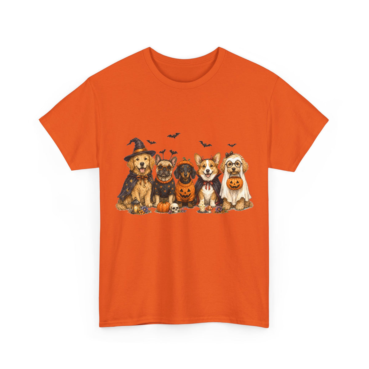 Cute Dogs in Halloween Costumes T-Shirt | Pumpkin, Witch, Bats