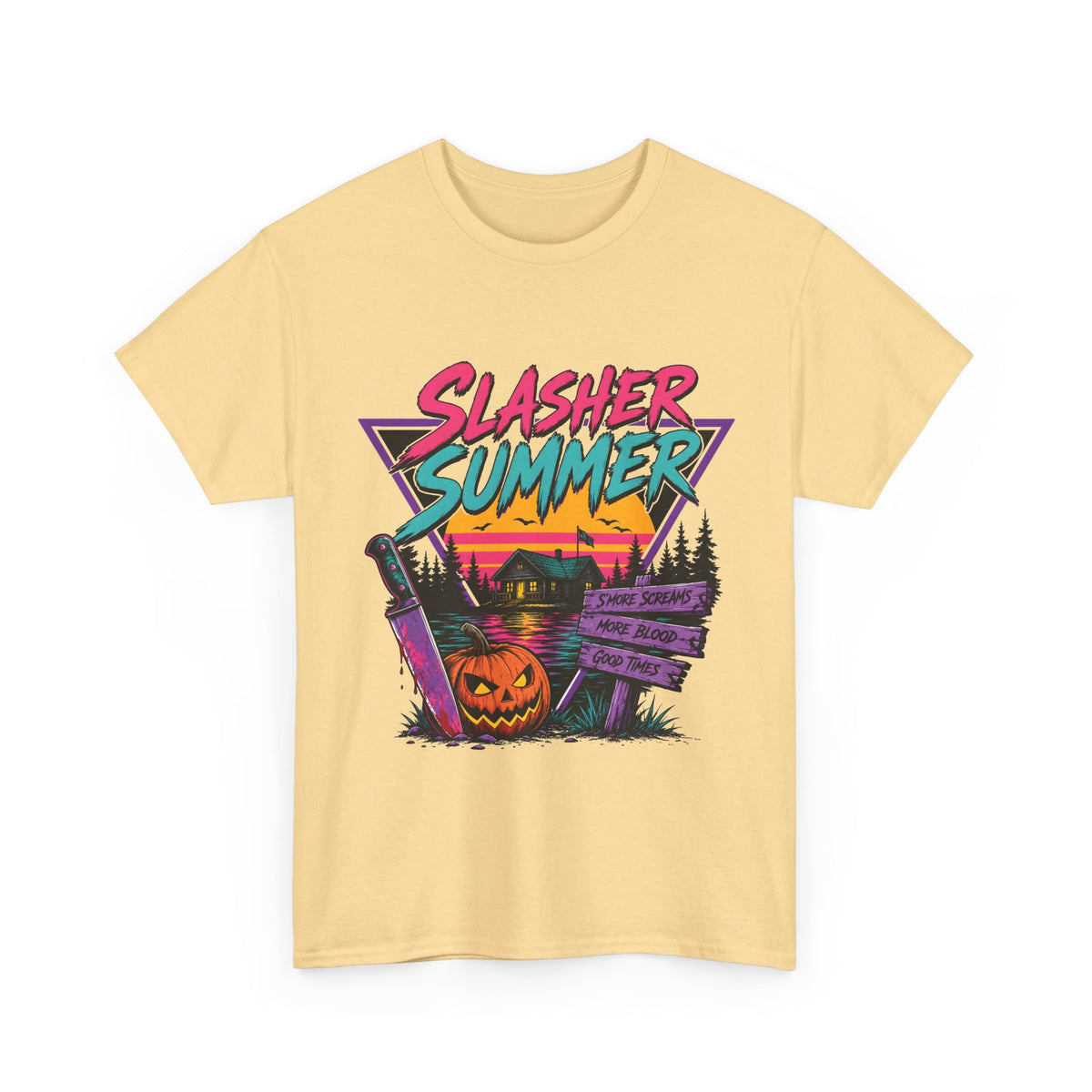 Slasher Summer Camp T-Shirt | Retro 80s Horror Tee, Pumpkin Knife Design, Halloween Gift