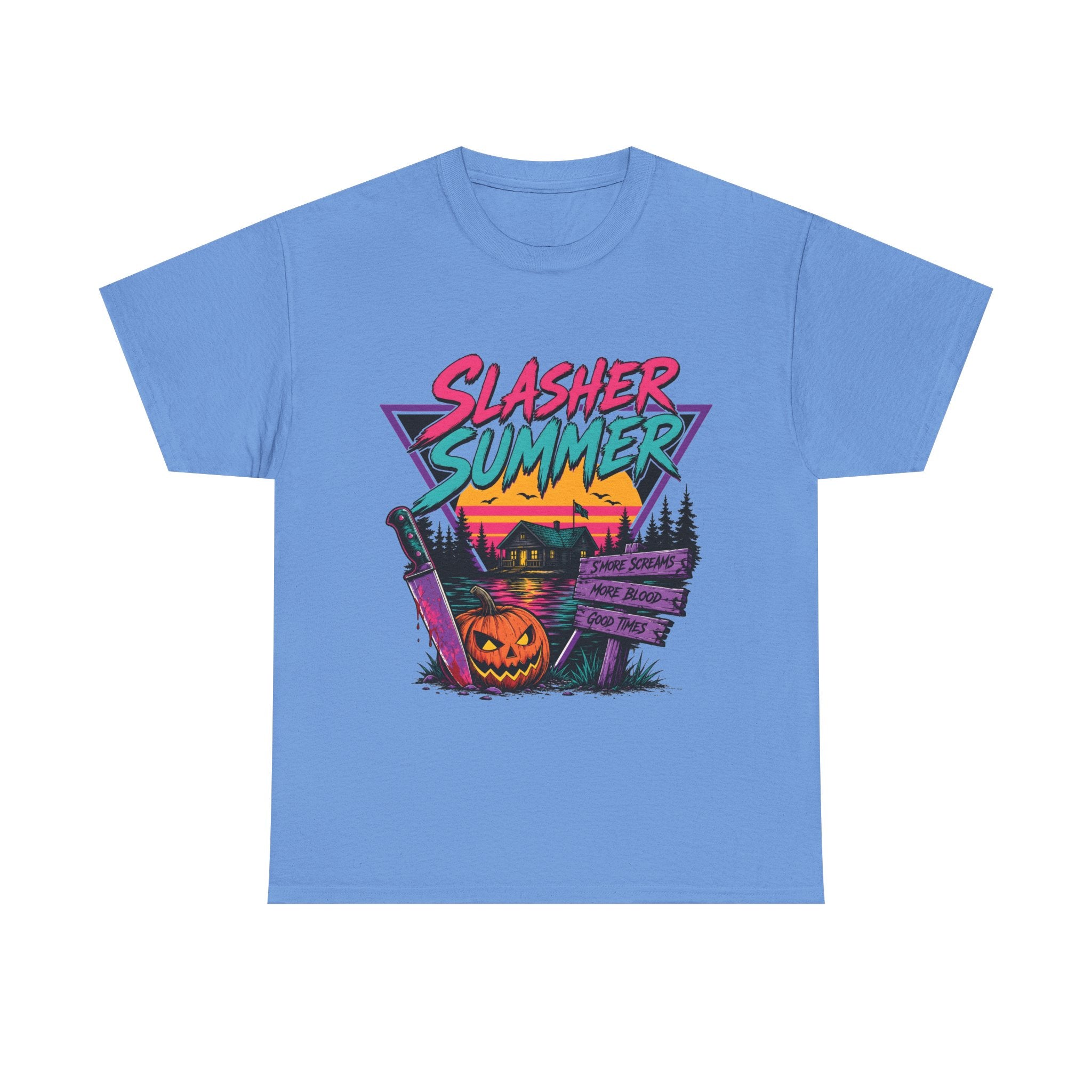 Slasher Summer Camp T-Shirt | Retro 80s Horror Tee, Pumpkin Knife Design, Halloween Gift