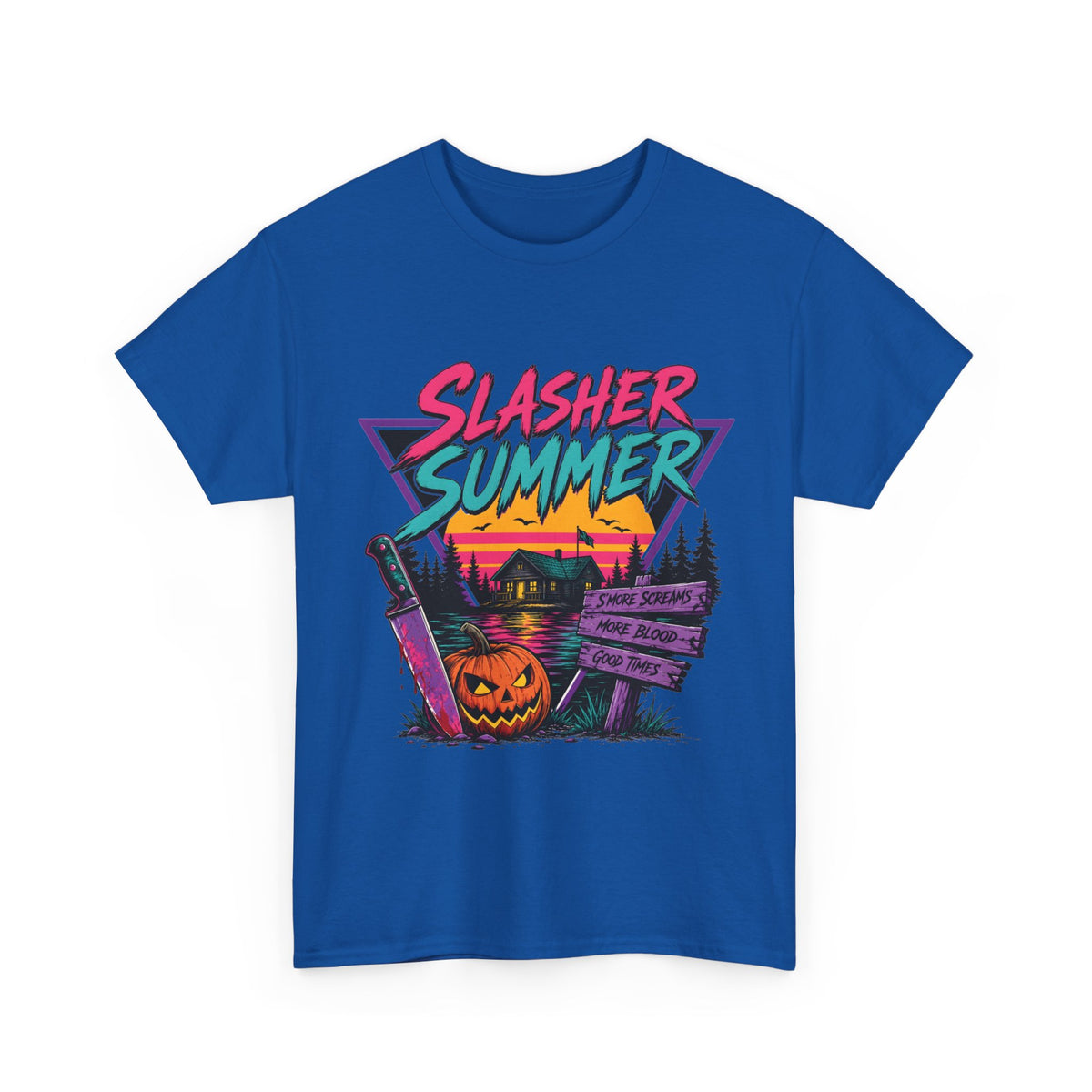 Slasher Summer Camp T-Shirt | Retro 80s Horror Tee, Pumpkin Knife Design, Halloween Gift