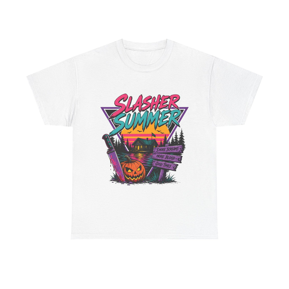 Slasher Summer Camp T-Shirt | Retro 80s Horror Tee, Pumpkin Knife Design, Halloween Gift
